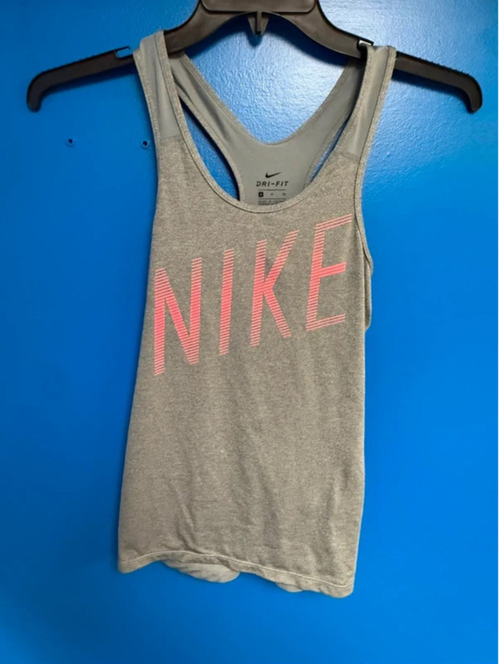 Nike Dri-FIT Womens Racerback Tank Top Grey Pink Striped Big Logo Size Small